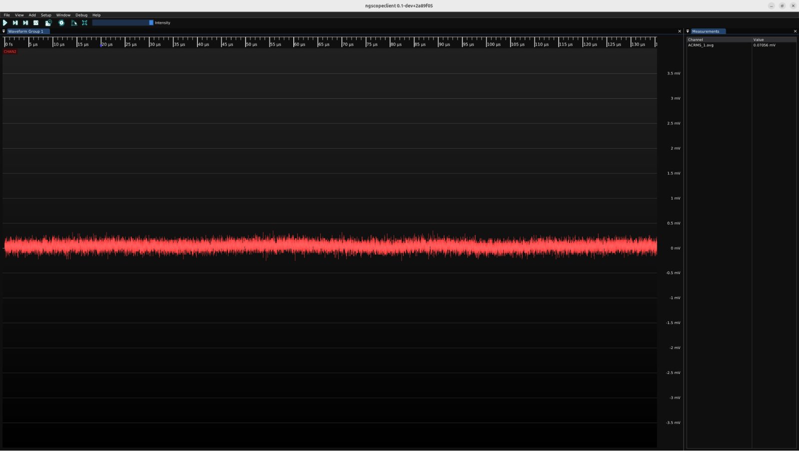 screenshot of ngscopeclient showing input noise on most sensitive range, 50Ω Mode