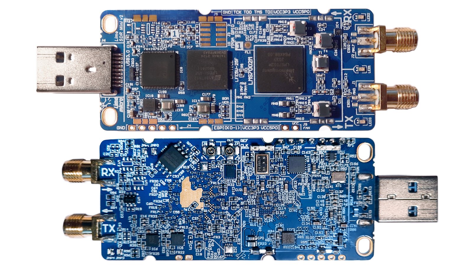 LimeSDR Mini 2.0 top and bottom side-by-side
