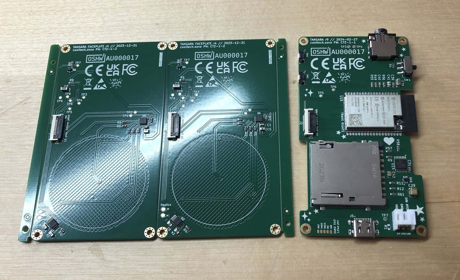 Assembled pre-production faceplate and mainboard PCBs